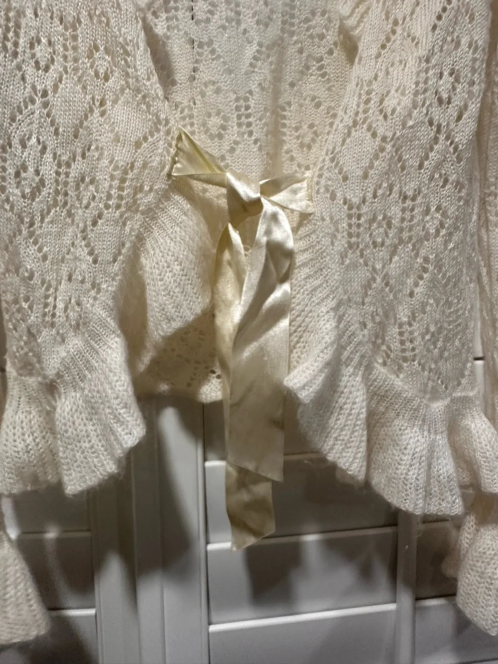 Next Era Couture Cream Lace Knit Cardigan Ruffle Bell Sleeve Tie Front Boho  Y2K - Picture 6 of 11